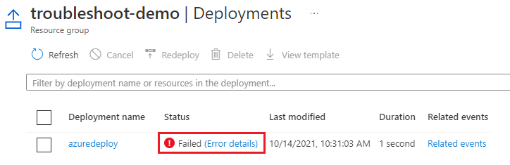 Captura de tela da seção de implantações de um grupo de recursos no portal do Azure, exibindo um link para detalhes de erro para uma implantação com falha.