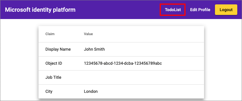 Captura de tela que mostra o aplicativo de exemplo Angular com o perfil do usuário e a chamada para a lista de to-do.