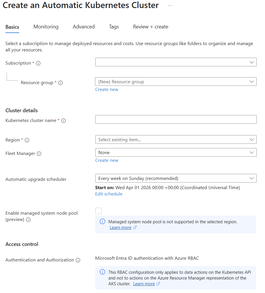 A captura de tela da guia Criar – Noções Básicas para um cluster automático do AKS no Azure portal.