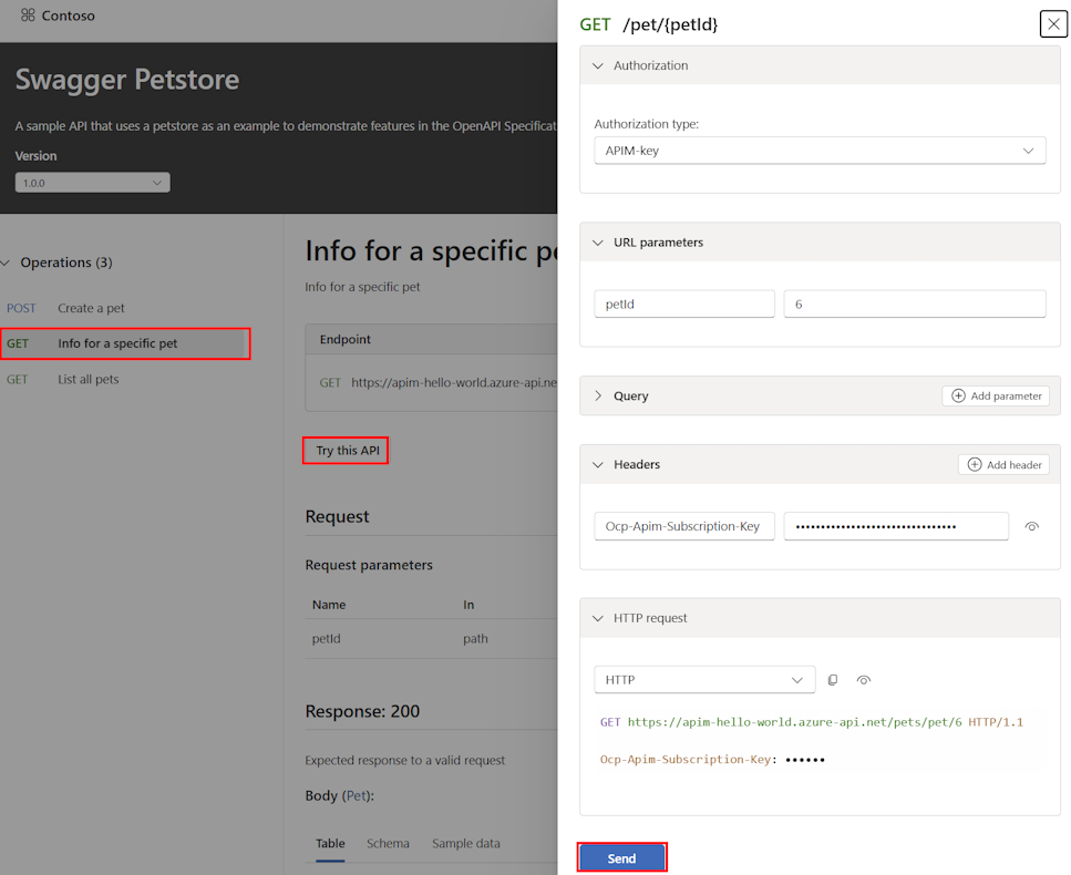 Captura de tela do teste de uma API no console de teste do portal do Centro de API.