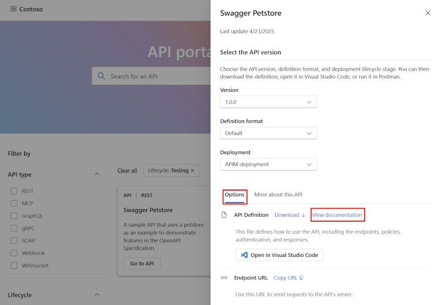 Captura de tela dos detalhes da API no portal do Centro de API.