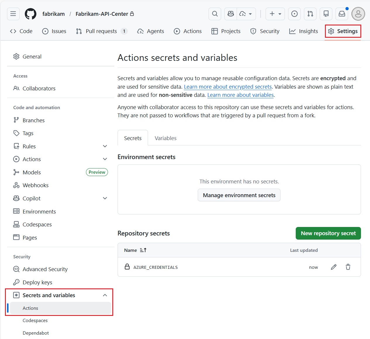 Captura de tela de segredos para Ações em um repositório do GitHub.