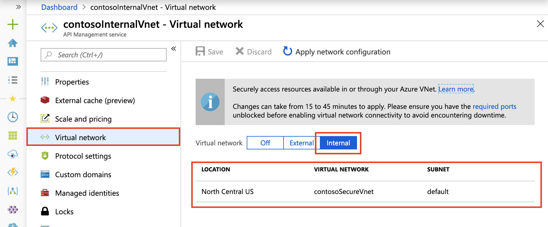 Configurar VNet interna no portal do Azure