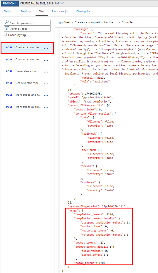 Captura de tela dos dados de uso de tokens na resposta da API no portal.