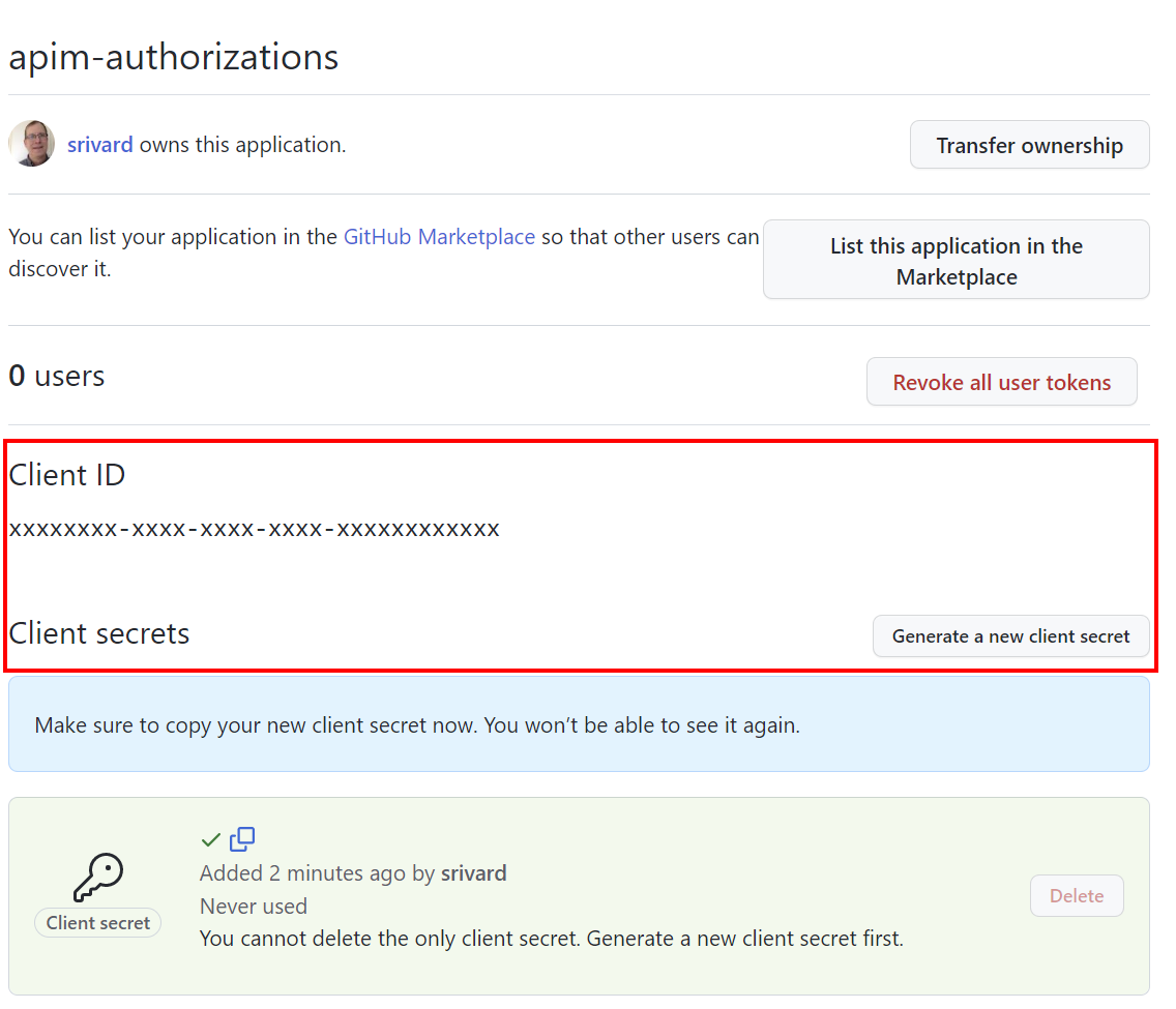 Captura de tela mostrando como obter a ID do cliente e o segredo do cliente para o aplicativo no GitHub.