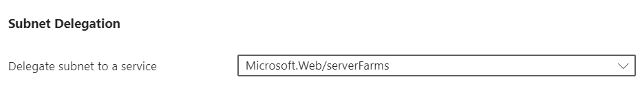 Captura de tela mostrando a delegação de&nbsp;sub-rede para Microsoft.Web/serverFarms no portal.