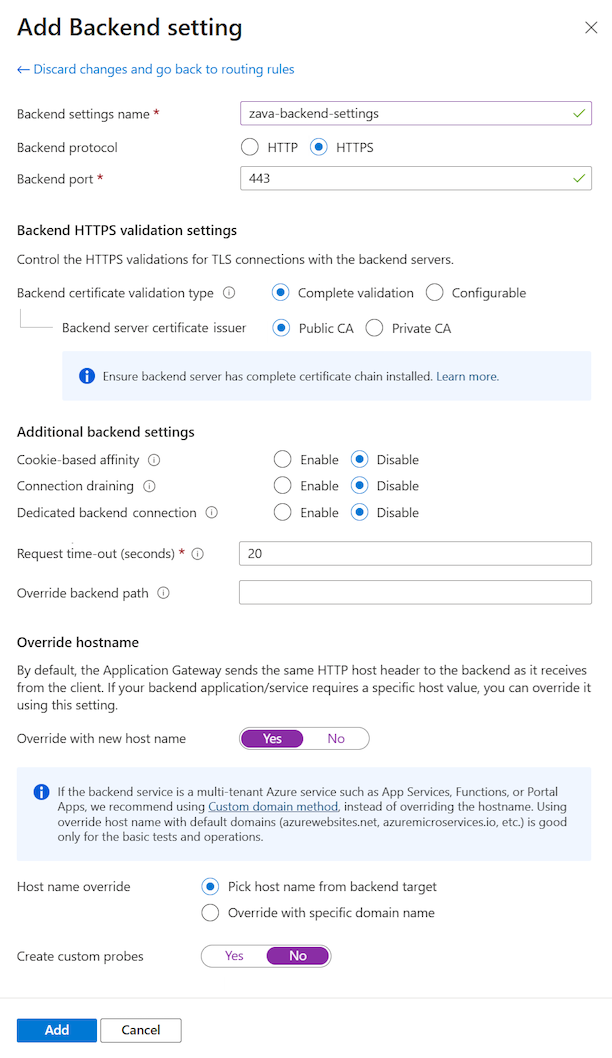 Captura de tela que mostra como definir as configurações de back-end para uma conexão de protocolo HTTPS no portal do Azure.