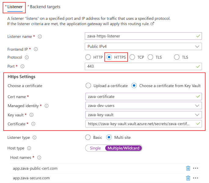 Captura de tela que mostra como configurar o listener para uma regra de roteamento HTTPS para o gateway de aplicativo.