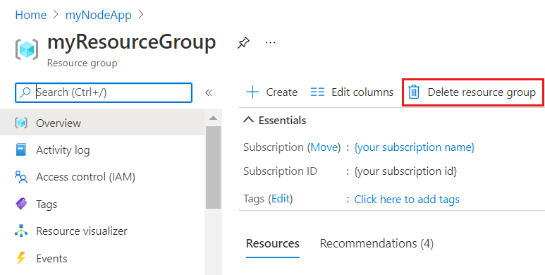 Captura de&nbsp;tela de Excluir grupo de recursos.