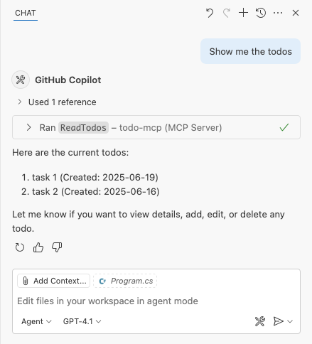 Captura de tela mostrando que a resposta da chamada da ferramenta MCP na janela de Chat do GitHub Copilot.