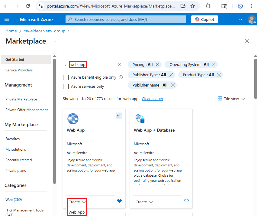 Captura de tela mostrando a página do Azure Marketplace com o aplicativo Web sendo pesquisado e o botão criar aplicativo Web realçado.