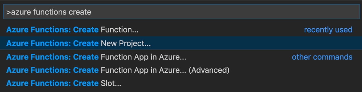 Captura de tela que mostra a paleta de comandos do Visual Studio Code, com o Azure Functions Create New Project realçado.