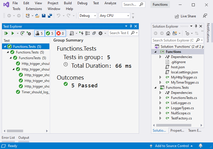 Captura de tela do Visual Studio. O Gerenciador de Testes mostra que cinco testes foram aprovados. No Gerenciador de Soluções, os projetos Functions e Functions.Test ficam visíveis.