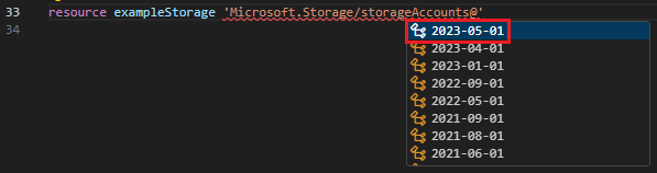 Captura de tela da seleção da versão da API para o tipo de recurso.