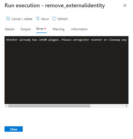 Captura de tela mostrando os erros detectados durante a execução de uma execução.