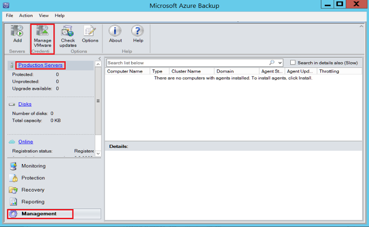 Screenshot mostra o console do Backup do Azure Server.