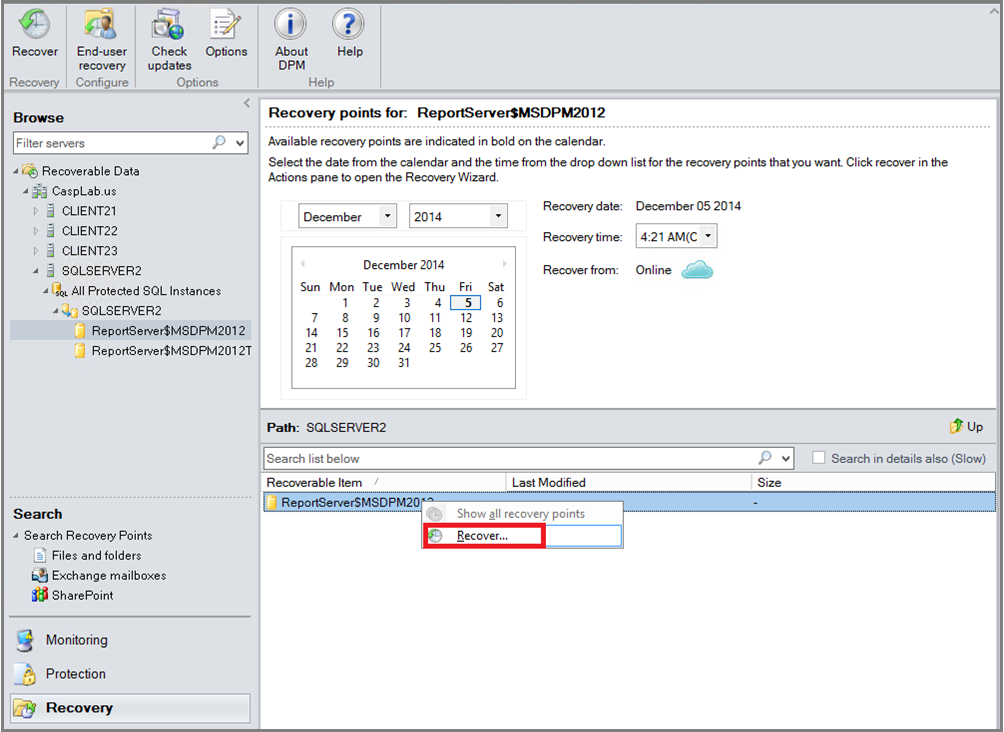 A captura de tela mostra como selecionar um banco de dados para se recuperar do Azure.