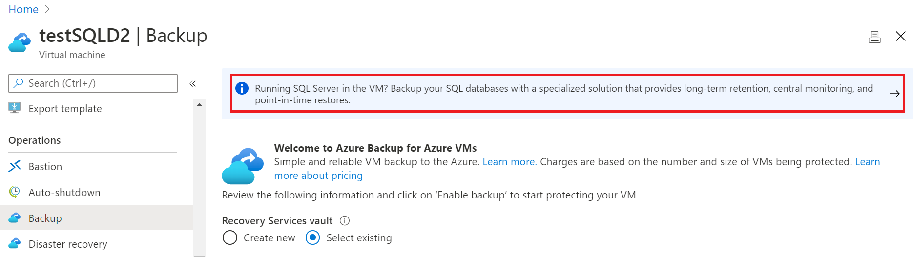 A captura de tela mostra a visualização de backup do SQL Server.