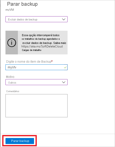 Captura de tela que mostra as seleções para interromper um backup.