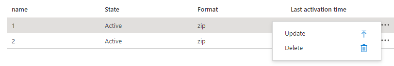 Captura de tela que mostra as opções de atualização e exclusão de pacotes de aplicativos no portal do Azure.
