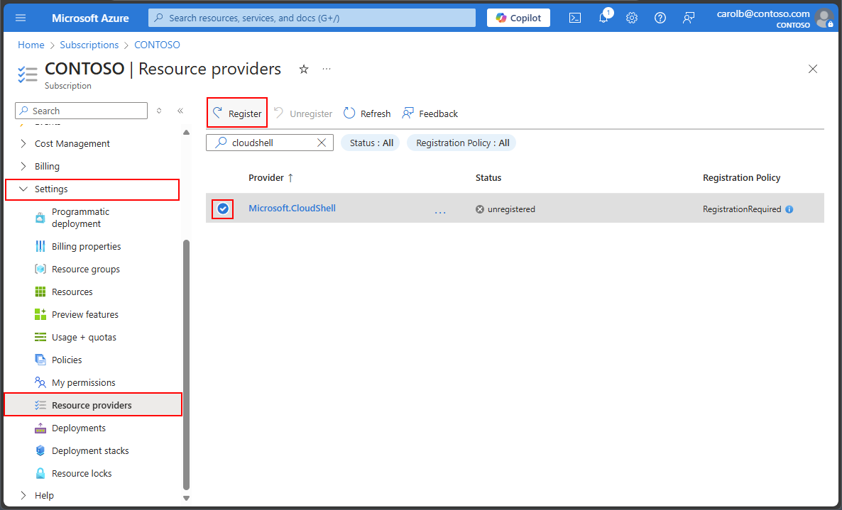 Captura de tela da seleção de provedores de recursos no portal do Azure.