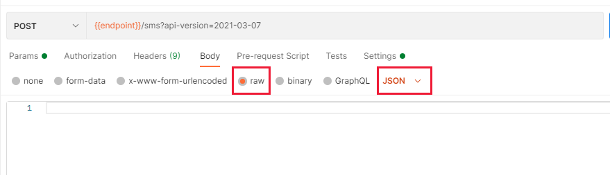Captura de tela que mostra a configuração do corpo da solicitação como bruto e JSON.