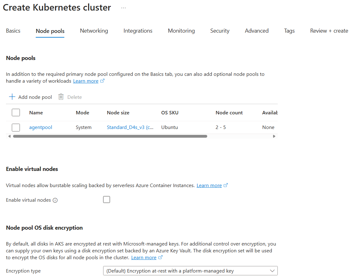Captura de tela mostrando como configurar a página de pools de nós para a criação de cluster do AKS no portal do Azure.