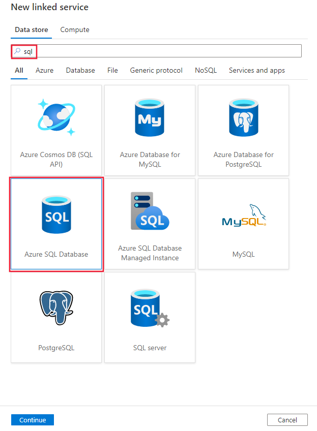 Selecione o conector do Azure SQL Database.
