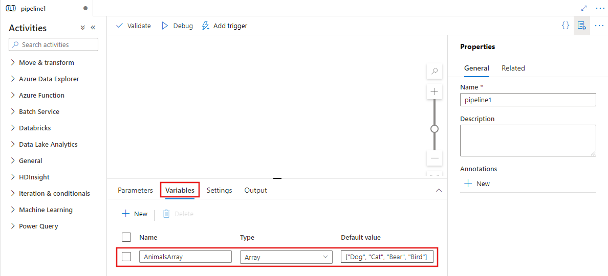 Mostra uma tela do pipeline vazia com uma variável do tipo matriz adicionada ao pipeline.