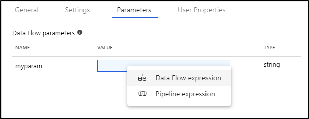 Captura de tela mostra a aba Parâmetros com a expressão de Data Flow selecionada para o valor de myparam.
