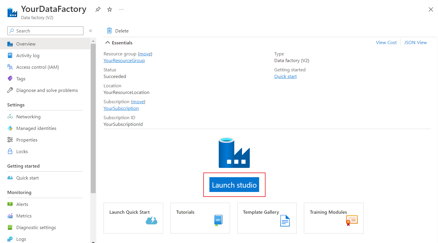 Captura de tela do portal do Azure que mostra detalhes da fábrica de dados recém-criada, com o botão para abrir o Azure Data Factory Studio realçado.