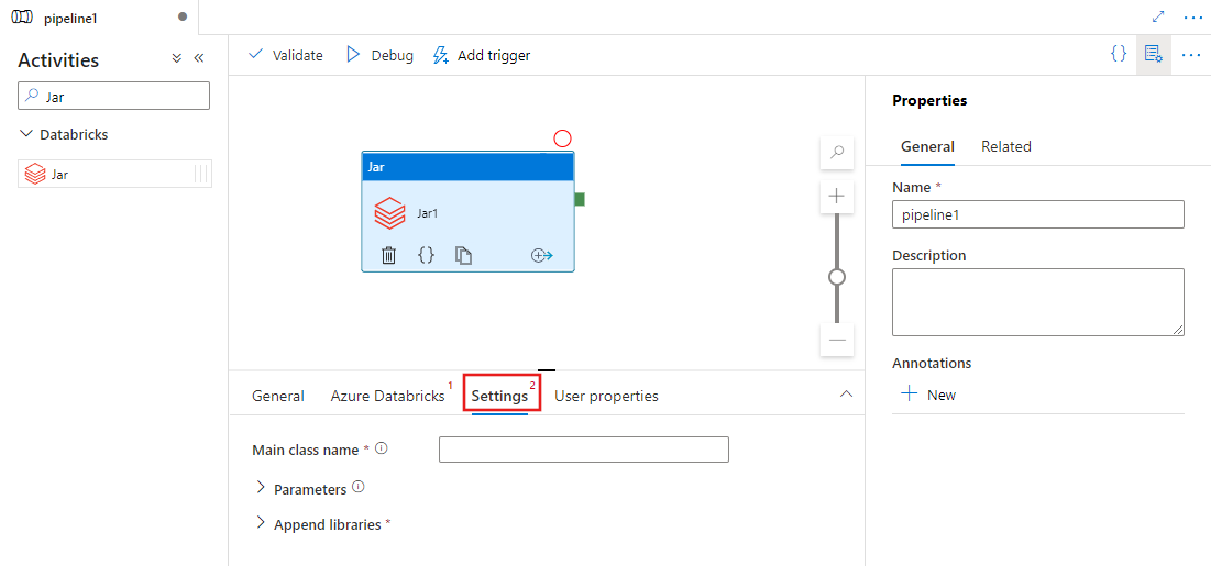 Mostra a UI da aba Configurações para uma atividade de Jar.