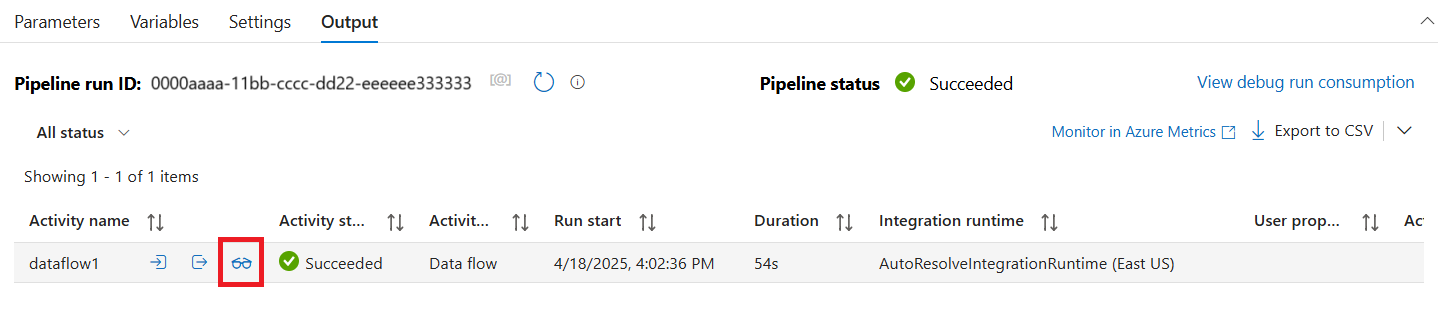 Captura de tela do status do pipeline concluído, com as ações de saída realçadas.