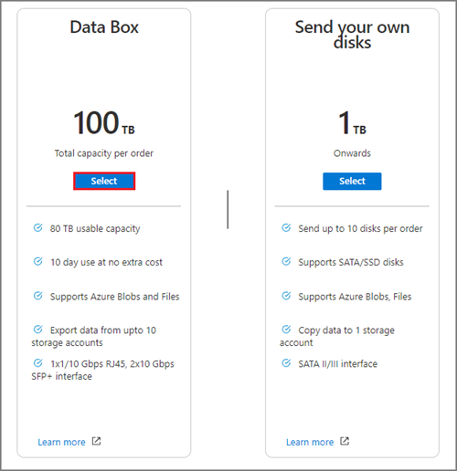 Captura de tela das opções de capacidade disponíveis do Data Box ao criar uma ordem de exportação do Data Box.