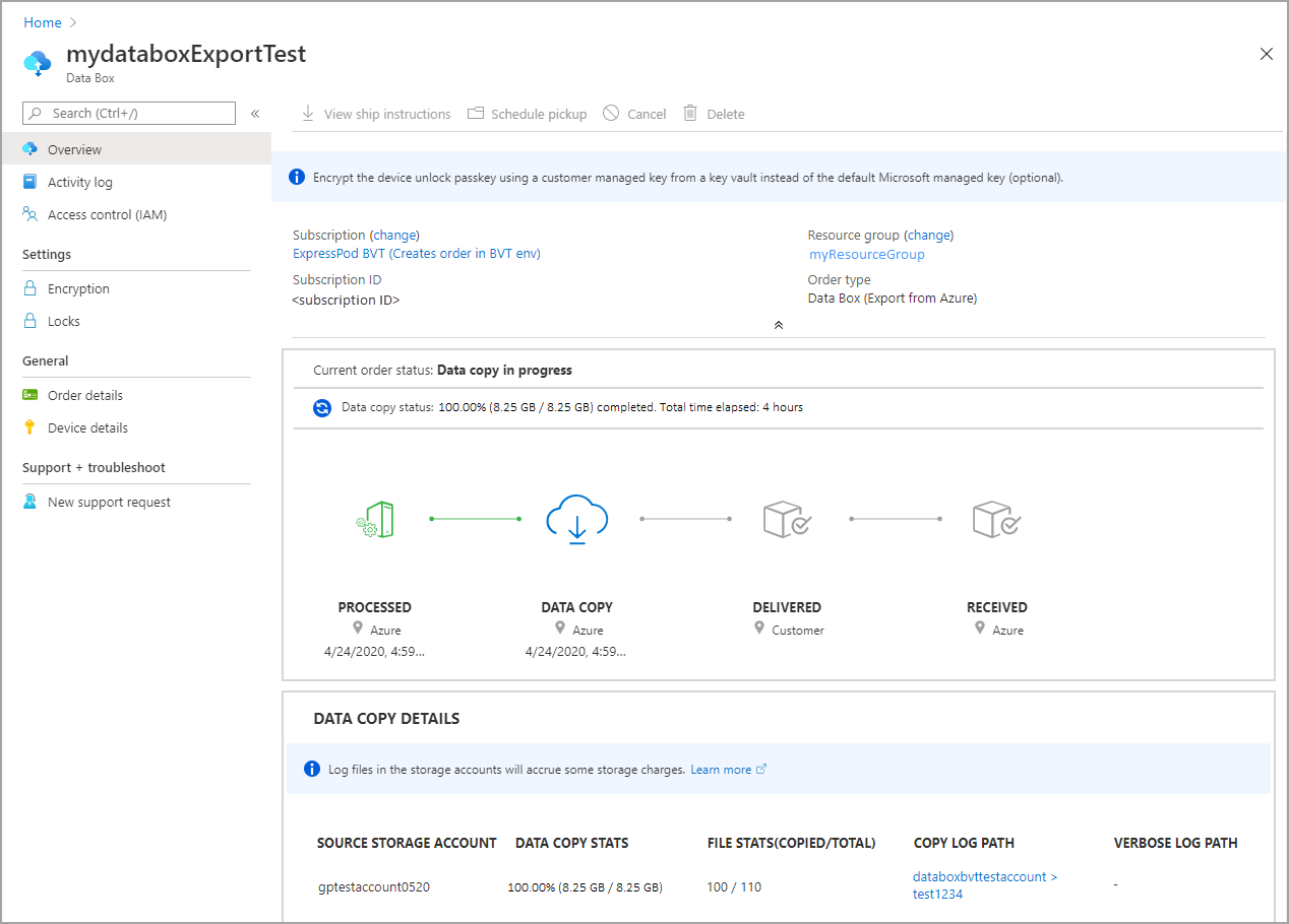 Captura de tela de um pedido de exportação do Data Box com cópia de dados em andamento.