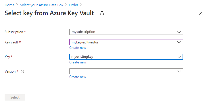 Captura de tela das opções usadas ao utilizar um Azure Key Vault existente para fornecer uma chave gerenciada pelo cliente na guia Segurança da ordem de exportação do Data Box.