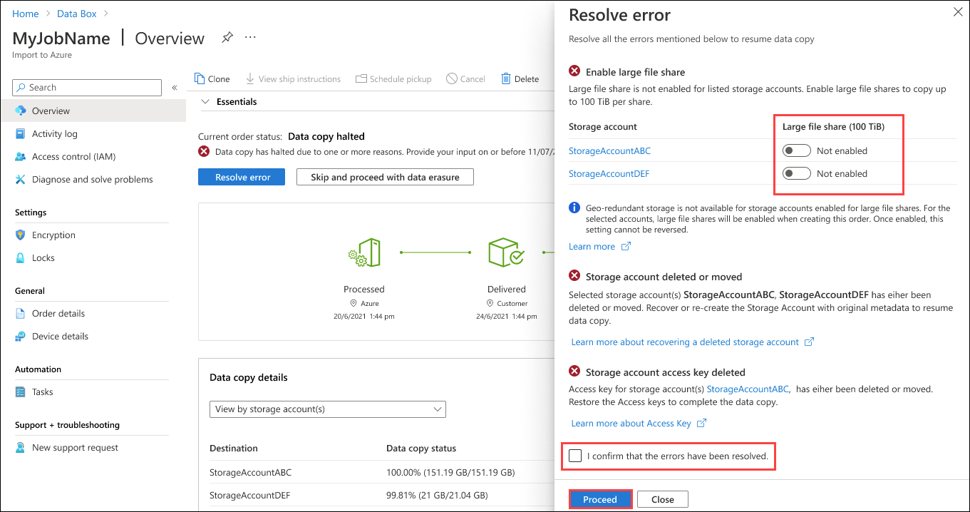 Captura de tela do painel Resolver Erros para vários erros que podem ser tentados novamente durante um upload do Data Box. Os botões Não Habilitado, o prompt de confirmação e o botão Continuar estão realçados.