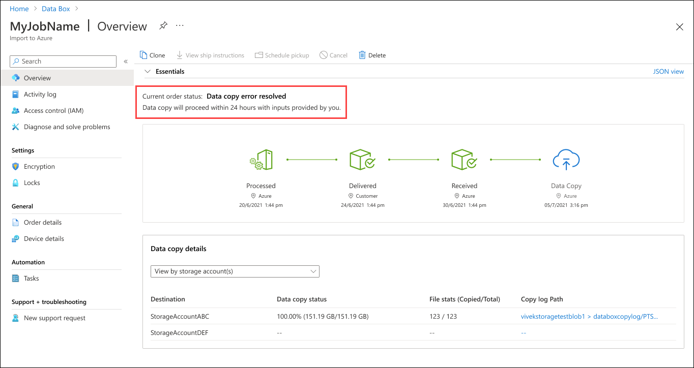 Captura de tela de um pedido do Data Box com o status Cópia de Dados Resolvida. O status do pedido e o agendamento para continuar estão realçados.