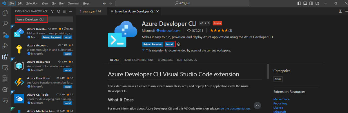 Captura de tela do Visual Studio Code mostrando o painel Extensões com a extensão Azure Developer CLI e o botão Instalar realçado.