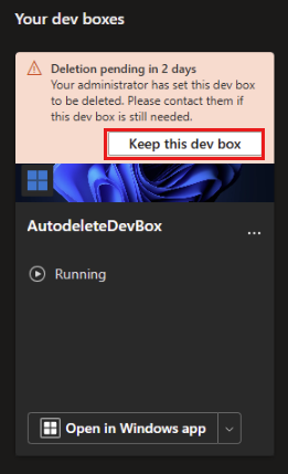 Captura de tela do portal do desenvolvedor do Dev Box mostrando o aviso de exclusão agendada e a opção para manter a caixa de desenvolvimento.