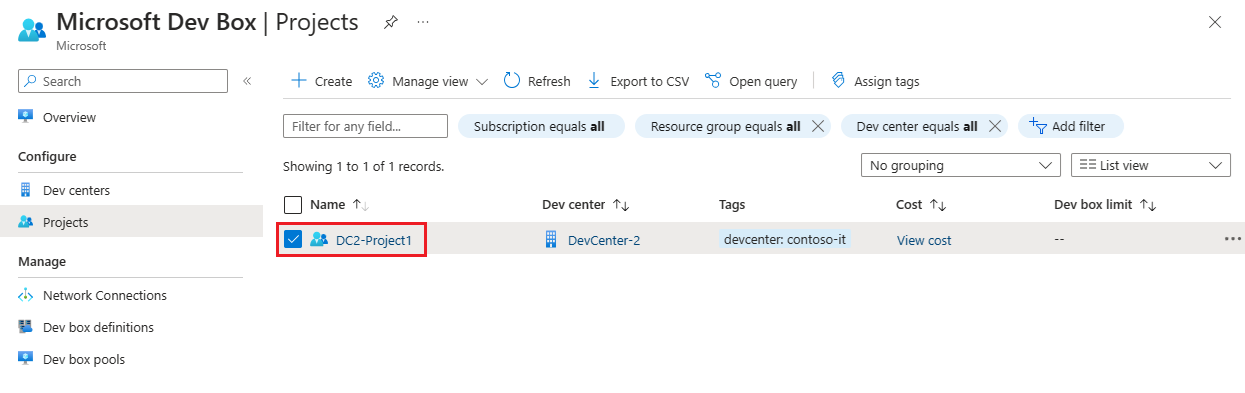Captura de tela da lista Projetos mostrando a grade de projetos e os resultados da pesquisa no portal do Azure.