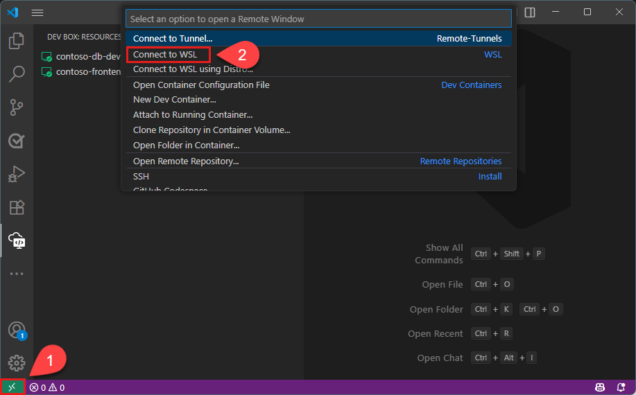 Captura de tela do Gerenciador Remoto do Visual Studio Code mostrando distribuições WSL disponíveis com o destino WSL do Dev Box realçado.