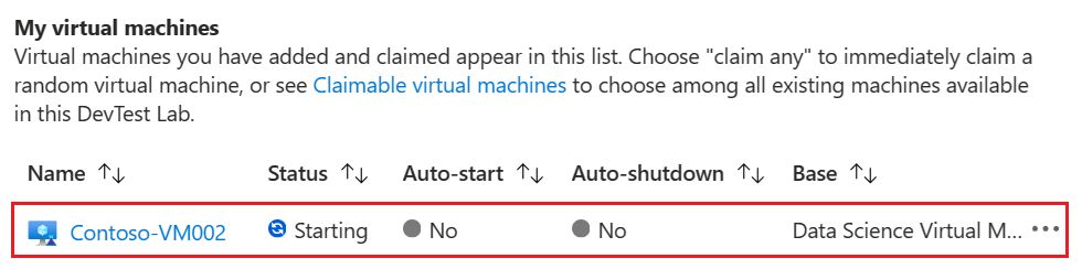 Captura de tela da máquina virtual reivindicada iniciada e listada para o usuário em Minhas máquinas virtuais.