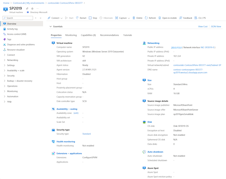 Captura de tela que mostra as ações disponíveis para a VM de ambiente selecionada.