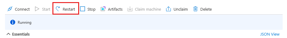 Captura de tela do portal do Azure mostrando o botão Reiniciar da VM.
