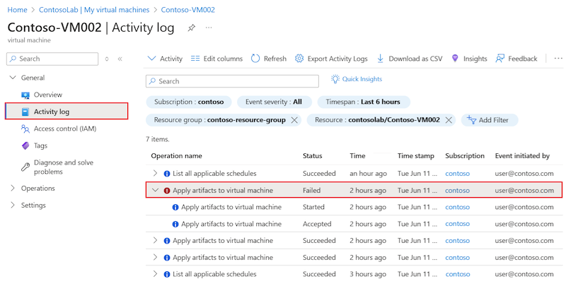 Captura de tela que mostra como localizar a entrada de log de atividades para um artefato com falha em uma VM de laboratório.
