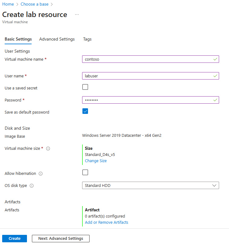 Captura de tela da guia Configurações Básicas para criar uma VM.
