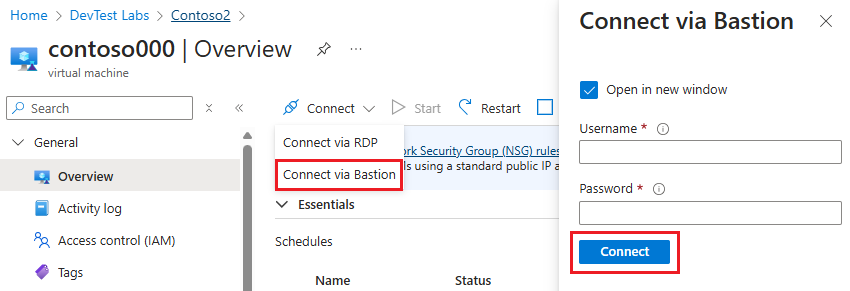 Captura de tela da seleção conectar-se via Bastion e conectar-se por meio do Bastion.
