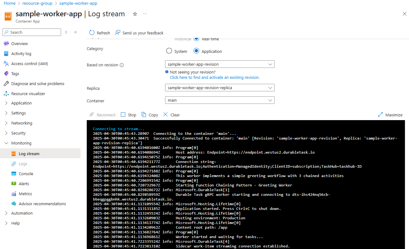 Captura de tela do fluxo de log do contêiner de trabalho no portal do Azure.
