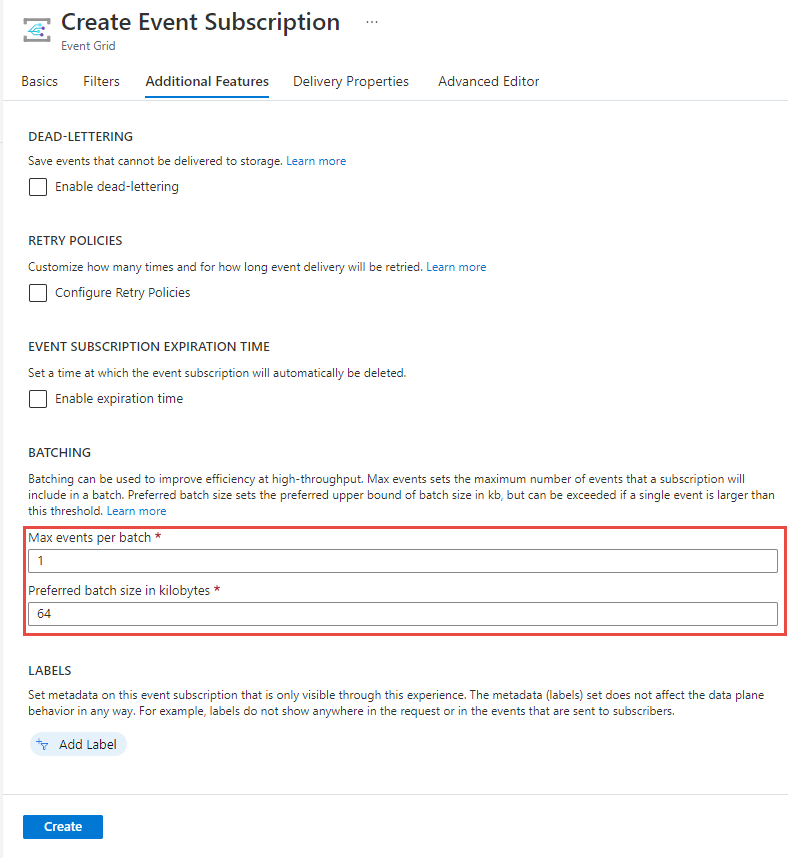 Captura de tela que mostra as configurações de envio em lote para uma assinatura de evento.